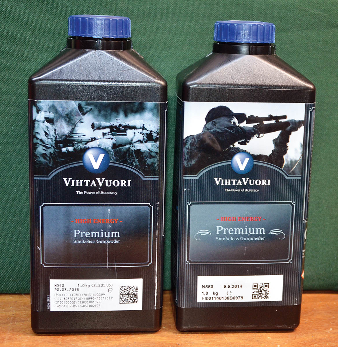 Vihtavuori powders used in 308 Winchester loads for the Model 20 NULA  rifle. The burn rate for V-N540 (left) is similar to that of H-414 and W-760, while it is Reloder 19 and IMR-4350 for V-N550 (right). All Vihtavuori  rifle propellants contain a decoppering agent and are insensitive to wide swings in ambient temperature.